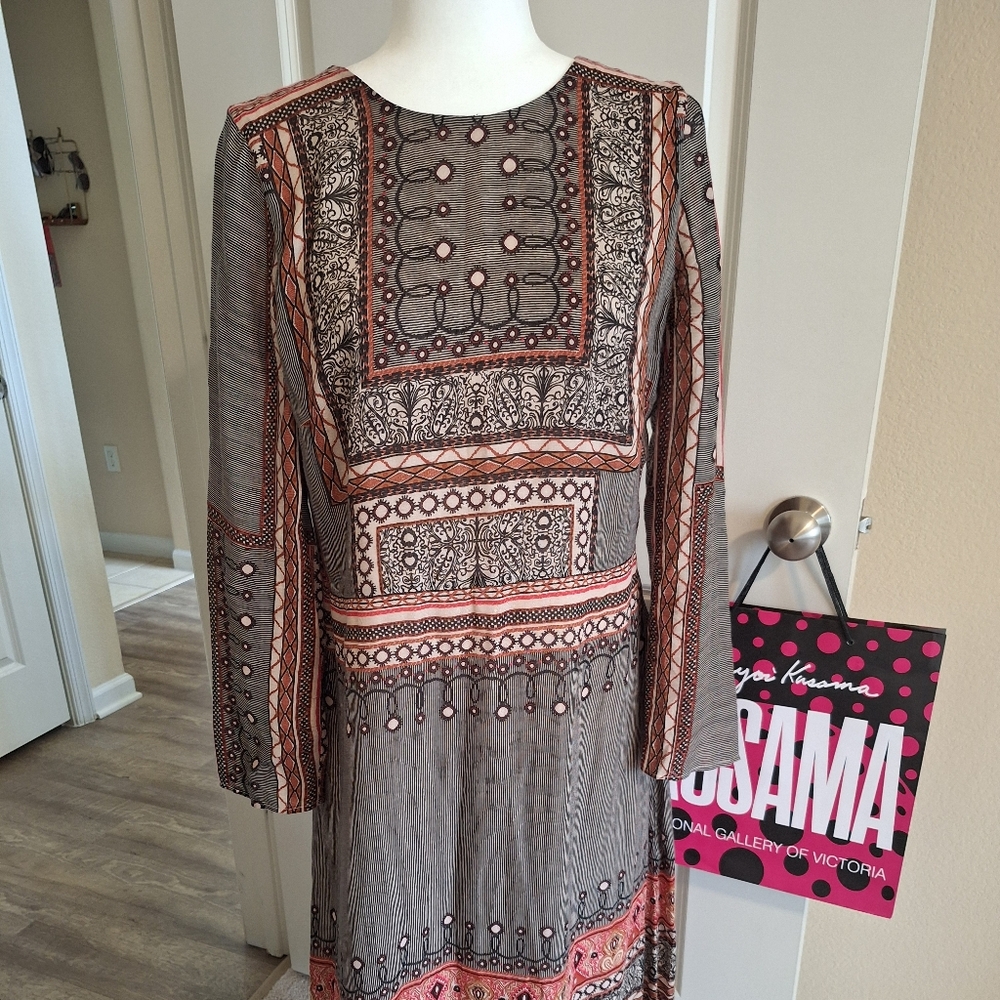 Zara Elegant Patterned Long Sleeve Dress Size L